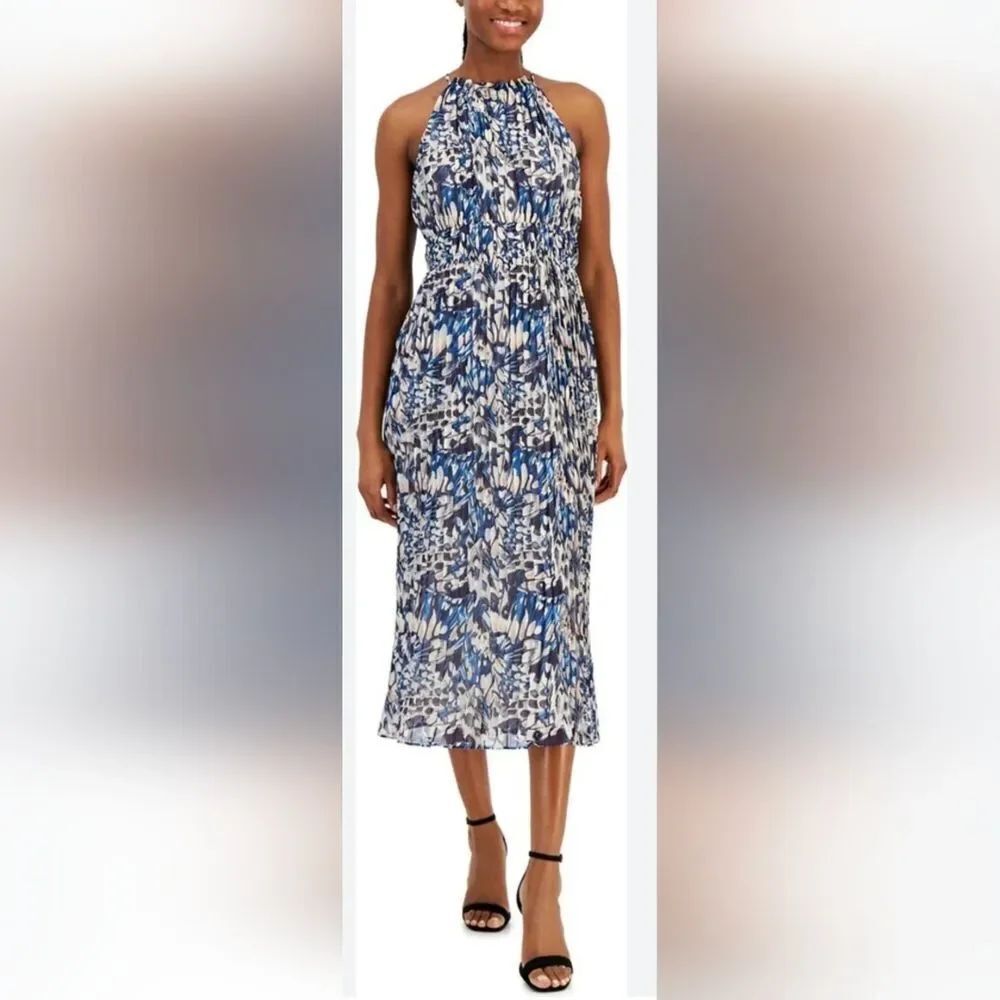 Anne Klein Halter Midi Dress NWT Size 14 Blue And White